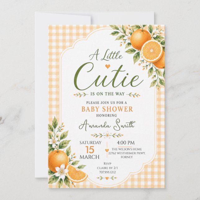 Liten söt orange baby shower inbjudningar (Framsida)