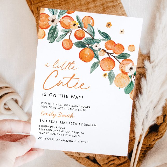 Liten söt orange bebisfest inbjudan (Little Cutie Is On The Way Baby Shower Invitation, citrus orange blossom watercolor invitation)