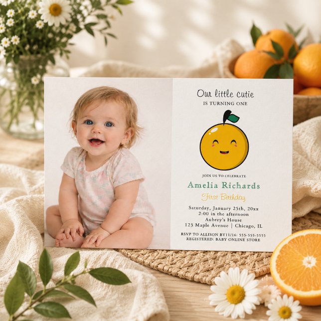 Liten söt orange citrus 1-årsdag inbjudningar (Little Cutie Orange Citrus 1st Birthday Invitation)
