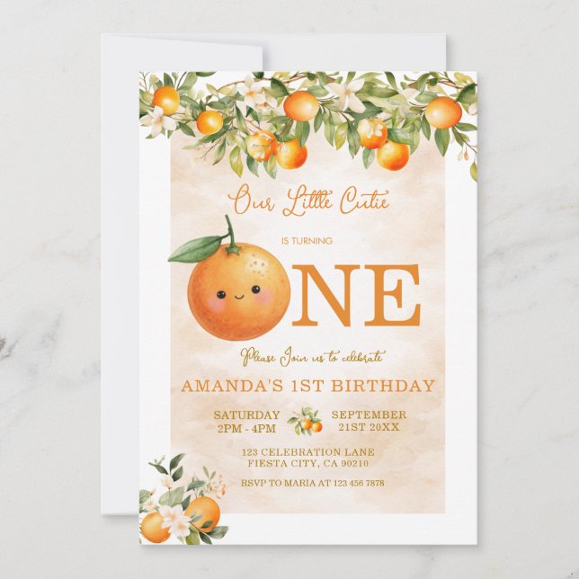 Liten söt orange citrus 1-årsdag inbjudningar (Framsida)