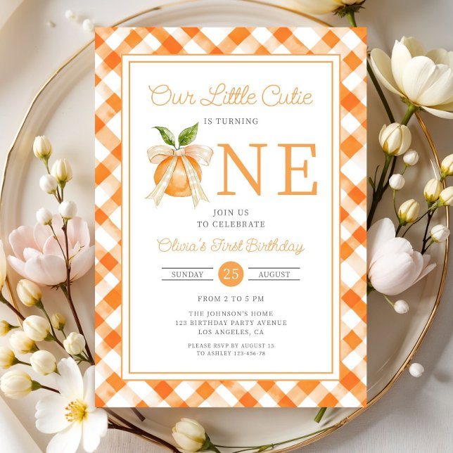Liten söt orange citrus 1-årsfest inbjudningar (Little Cutie Orange Citrus 1st Birthday Invitation)