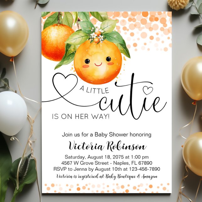 Liten söt orange Citrus Baby Shower Inbjudningar (Sweet little cutie baby shower invitation with adorable face. Easily customize for your event.)