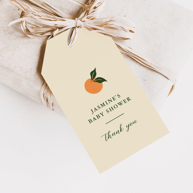 Liten söt orange citrus baby shower presentetikett (Skapare uppladdad)