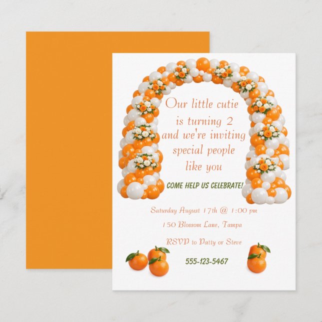 Liten söt orange födelsedags digital inbjudan (Fram/baksida)