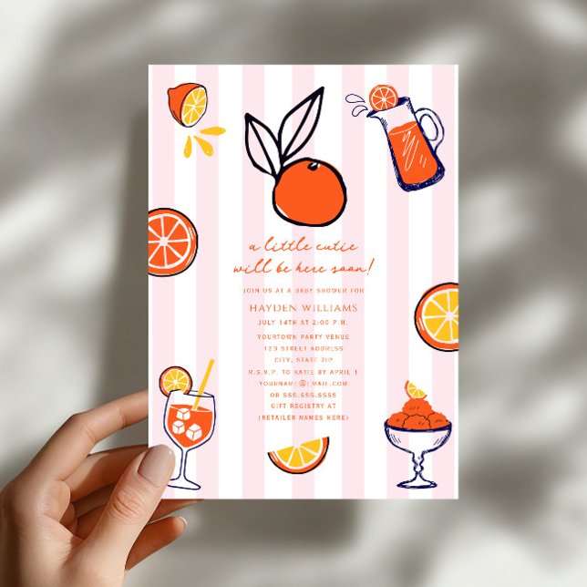 Liten söt orange frukt Doodle flicka baby shower Inbjudningar (Skapare uppladdad)