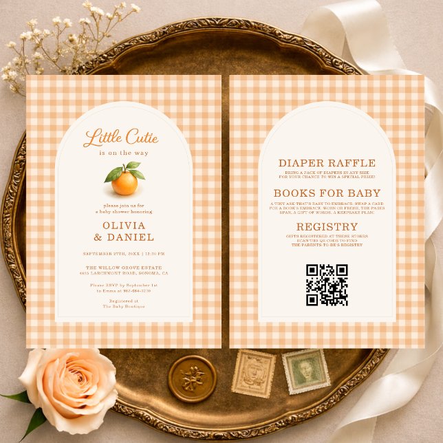 Liten söt orange gingham baby shower-inbjudan inbjudningar (Skapare uppladdad)
