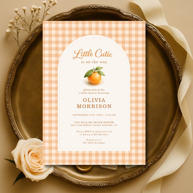 Liten söt orange gingham-bebisfest inbjudningar (Skapare uppladdad)