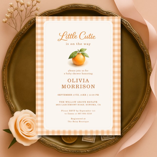 Liten söt orange Gingham-bebisfest Inbjudningar (Skapare uppladdad)
