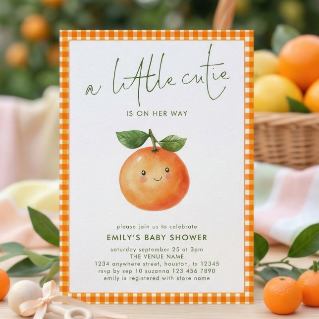 Liten söt orange gingham-flicka baby shower  inbjudningar (Skapare uppladdad)