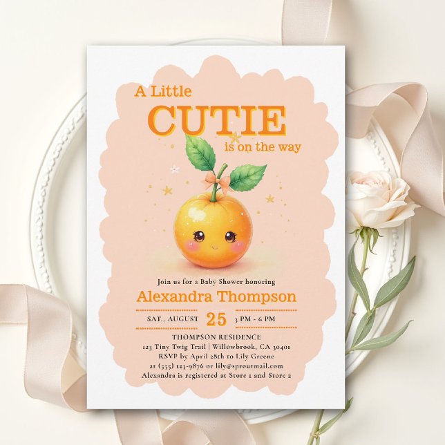 Liten söt orange rosett Illustration Barnkalas Inbjudningar (little cutie orange theme baby shower invitation citrus bow watercolor illustration pink bloom)