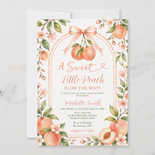 Liten söt persikobåge Baby Shower Blomster Inbjudningar (Framsida)