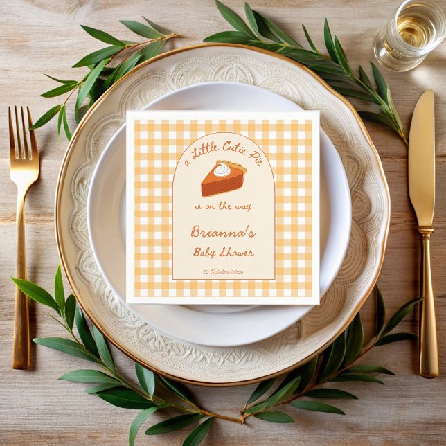 Liten söt pumpapaj gingham baby shower pappersservett (Little cutie pumpkin pie pastel orange yellow gingham fall baby shower personalized napkins)