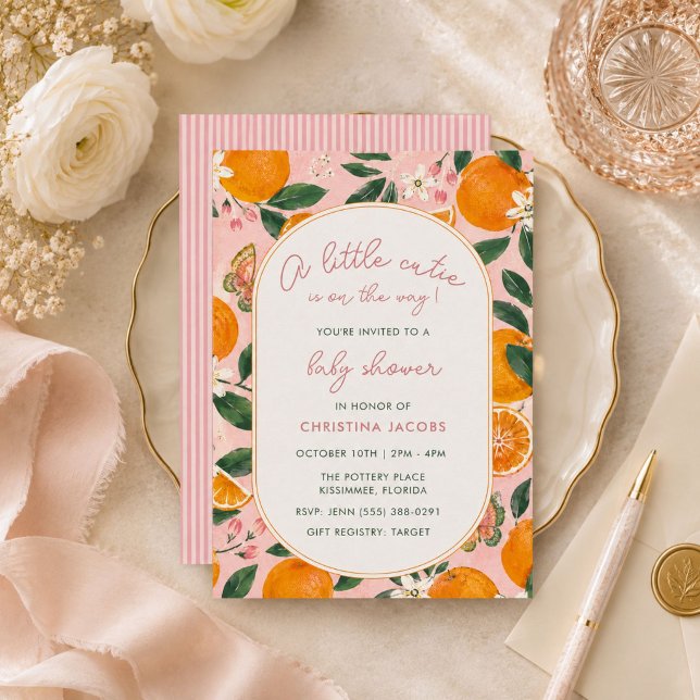 Liten söt tangerinblommig baby shower  inbjudningar (Little Cutie Tangerine Floral Baby Shower Invitation)