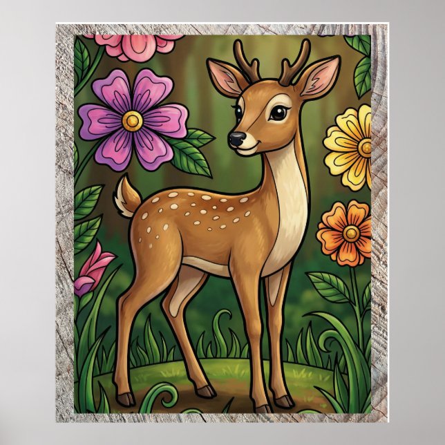 Liten söt ungfågel i en färggrann blomsterträdgård poster (Framsidan)