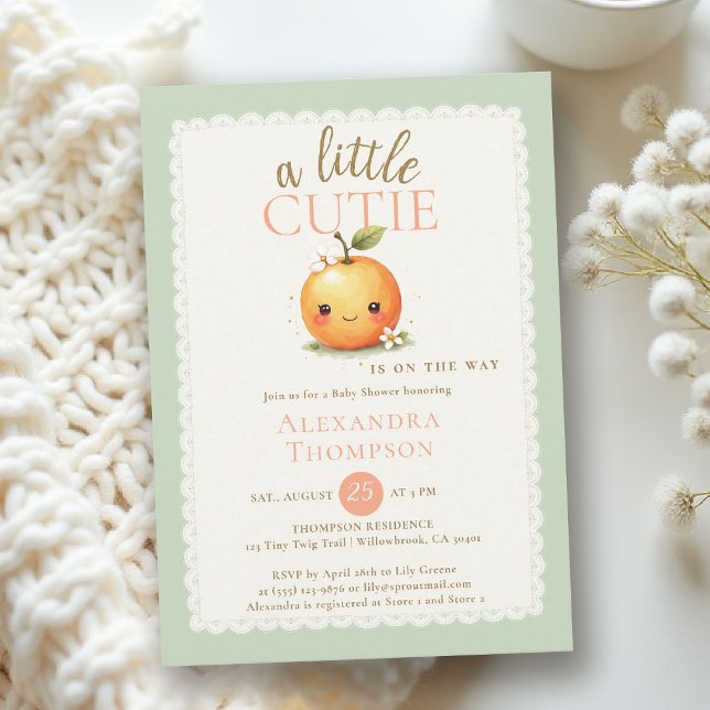 Liten söt vattenfärg orange modern babyshower inbjudningar (little cutie orange theme baby shower invitation citrus watercolor floral scallops frame modern cute)