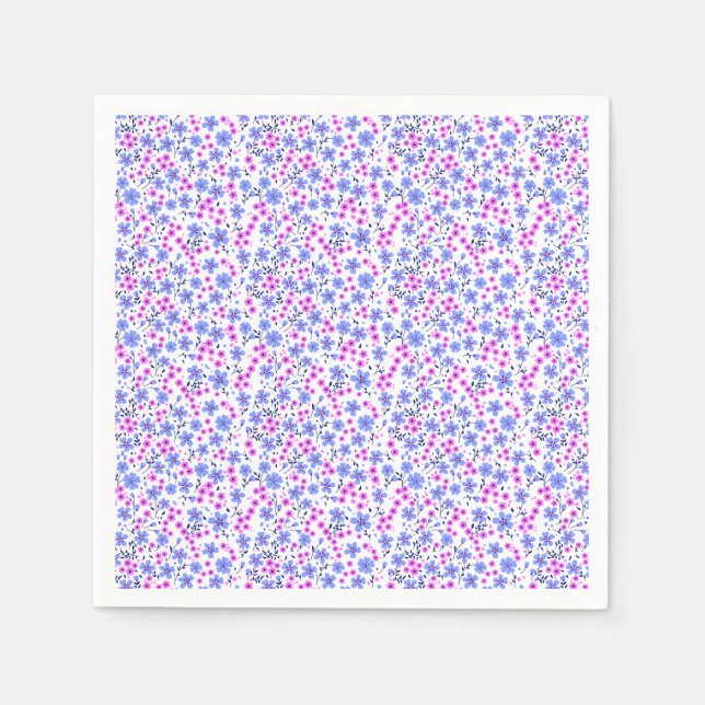 Liten söt vit blå rosa blommig mönster pappersservett (Framsidan)