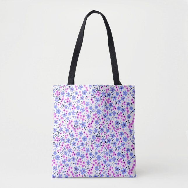 Liten söt vit blå rosa blommig mönster tygkasse (Framsida)
