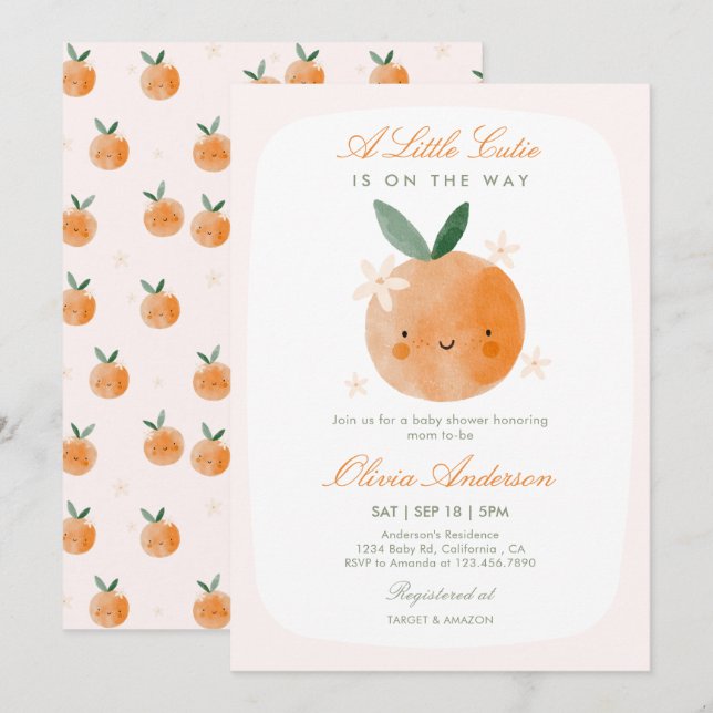 Liten söting, Orange Citrus Flicka Barnkalas  Inbjudningar (Fram/baksida)