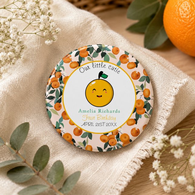 Liten sötis Orange Citrus 1-årsfest Knapp (Little Cutie Orange Citrus 1st Birthday Button)