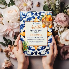 Liten sötnos Blue Tile Orange Citrus Baby Shower Inbjudningar