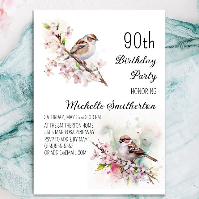 Liten sparv Körsbärsblommor Vår 90-årsdag Inbjudningar (Pretty sparrow 90th birthday party invitation for women)