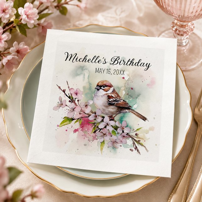 Liten sparv Körsbärsblommor Vår Namnsdag Pappersservett (Tiny sparrow on cherry blossoms birthday party paper napkins)