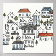 Liten stad akvarell- och bläckteckning