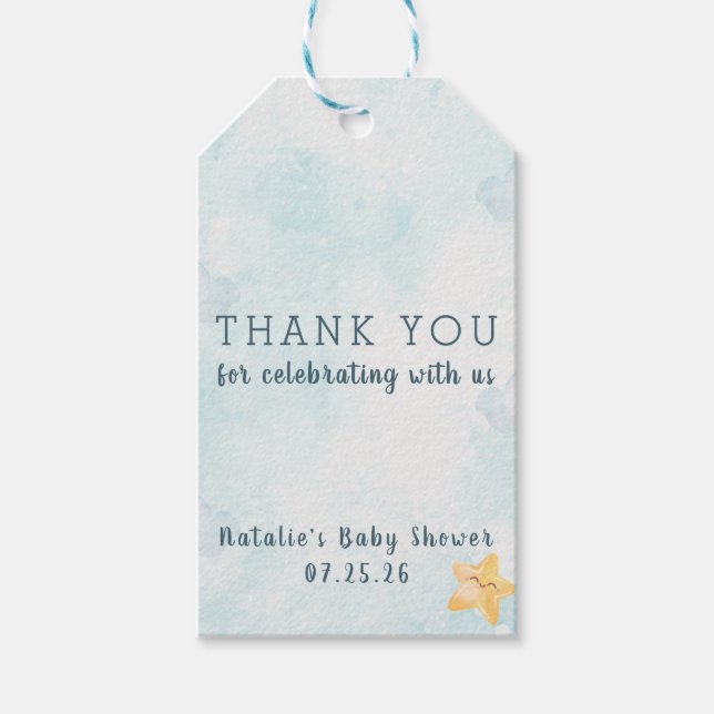 Liten stjärna blå himmel baby shower förmån presentetikett (Framsidan)