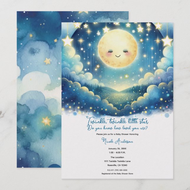 Liten stjärna glimmar Vattenfärg Baby Shower Inbjudningar (Fram/baksida)
