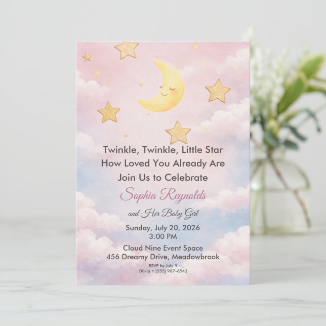 Liten stjärna som blinkar rosa baby shower-inbjuda inbjudningar (Stående Fram)