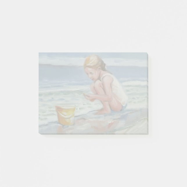Liten strandskattjägare flicka med gul hink post-it block (Framsida)