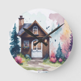 Liten stuga i låset i ängsväggen rund klocka