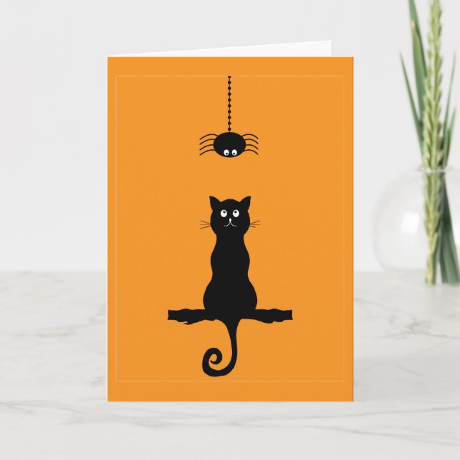 Liten svart katt och spindel Halloween-kort Kort (Framsida)
