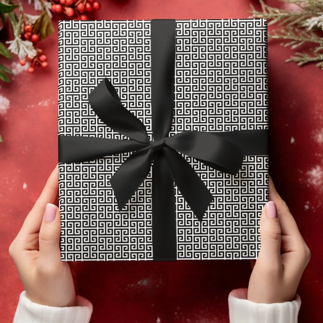 Liten svart-vit grekisk nyckel-mönster presentpapper (Small Black and White Greek Key Pattern Wrapping Paper)