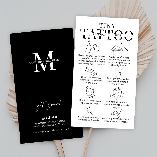 Liten tatuering Eftervård Instruktioner för minima Visitkort (Minimalist tiny tattoo aftercare cards with care icons and space for your business details)