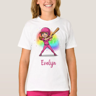 Liten tecknad flicka som spelar baseboll i rosa t shirt