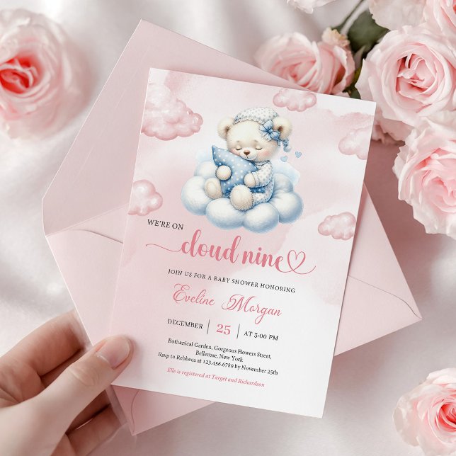 Liten Teddybjörn Baby Shower Inbjudan Cloud 9 Tema (Little Teddy Bear Baby Shower Invite Cloud 9 Theme)