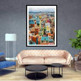 Liten turiststad, många färghus lycklig poster
