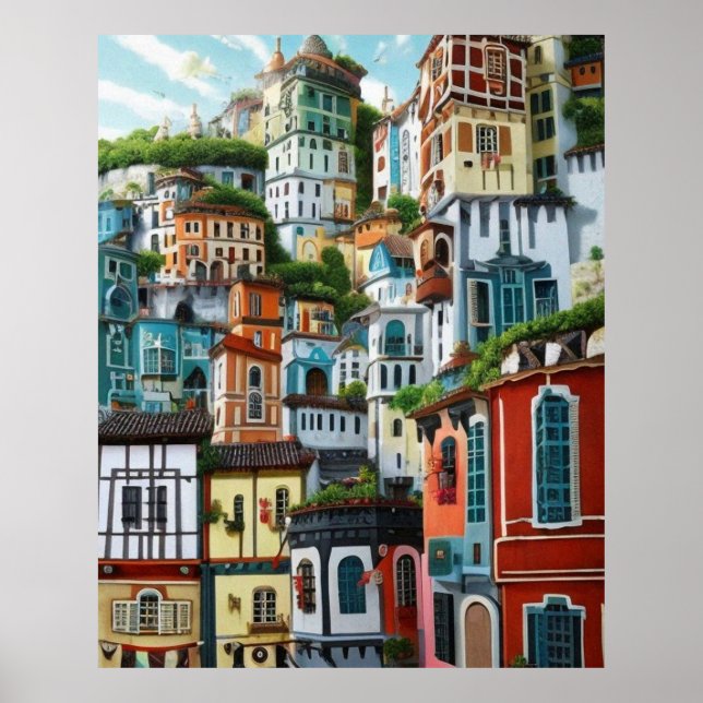 Liten turiststad många färgstarka hus vackra poster (Framsidan)