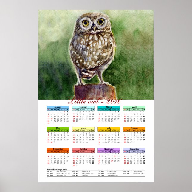 Liten ugglas akvarellkalender 2016 poster (Framsidan)