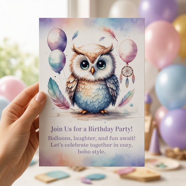 Liten ugglas födelsedagsinbjudan Skog Boho  Inbjudningar (Little Owl Birthday Invitation Woodland Boho)