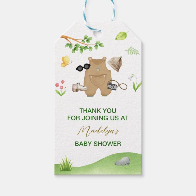 Liten upptäckare skogsutflykt baby shower presentetikett (Framsidan)