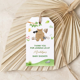Liten upptäckare skogsutflykt baby shower presentetikett