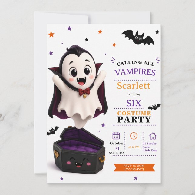 Liten vampyrkostym - Halloween födelsedagsfest Inbjudningar (Framsida)