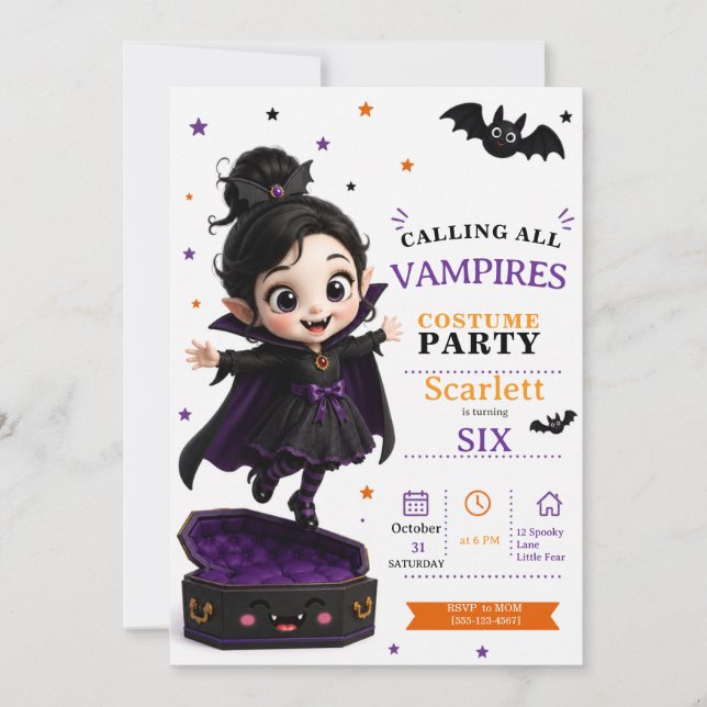 Liten vampyrkostym - Halloween födelsedagsfest Inbjudningar (Framsida)