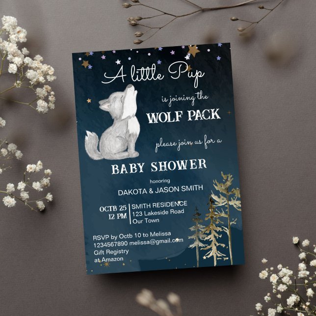 Liten varg-tema baby shower inbjudningar (Little wolf cute wold pup baby shower template invitation instant download dark starry night woodlan)