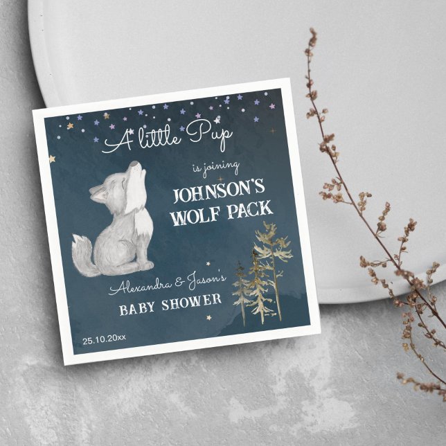 Liten varg - tema för babyduschbordsartiklar pappersservett (Little wolf themed baby shower tableware personalized napkins cute wolf cub howling starry night)