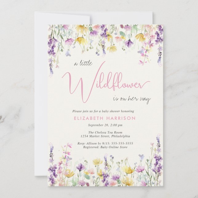 Liten Vildblomma Akvarell Babyflicka Shower Inbjudningar (Framsida)