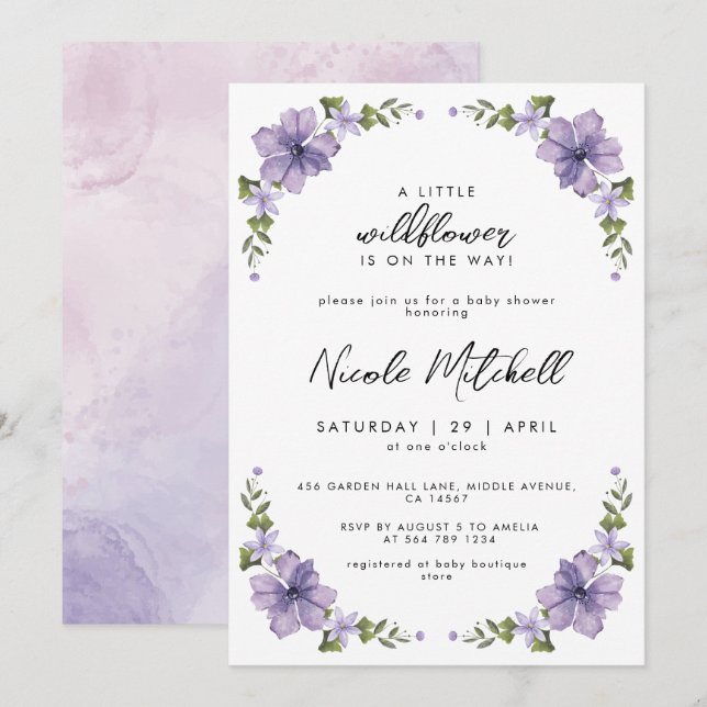 Liten Vildblomma är På Väg Baby Shower Inbjudningar (Fram/baksida)