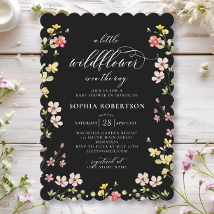 Liten Vildblomma Boho Chic Svart Bebis-fest Inbjudningar